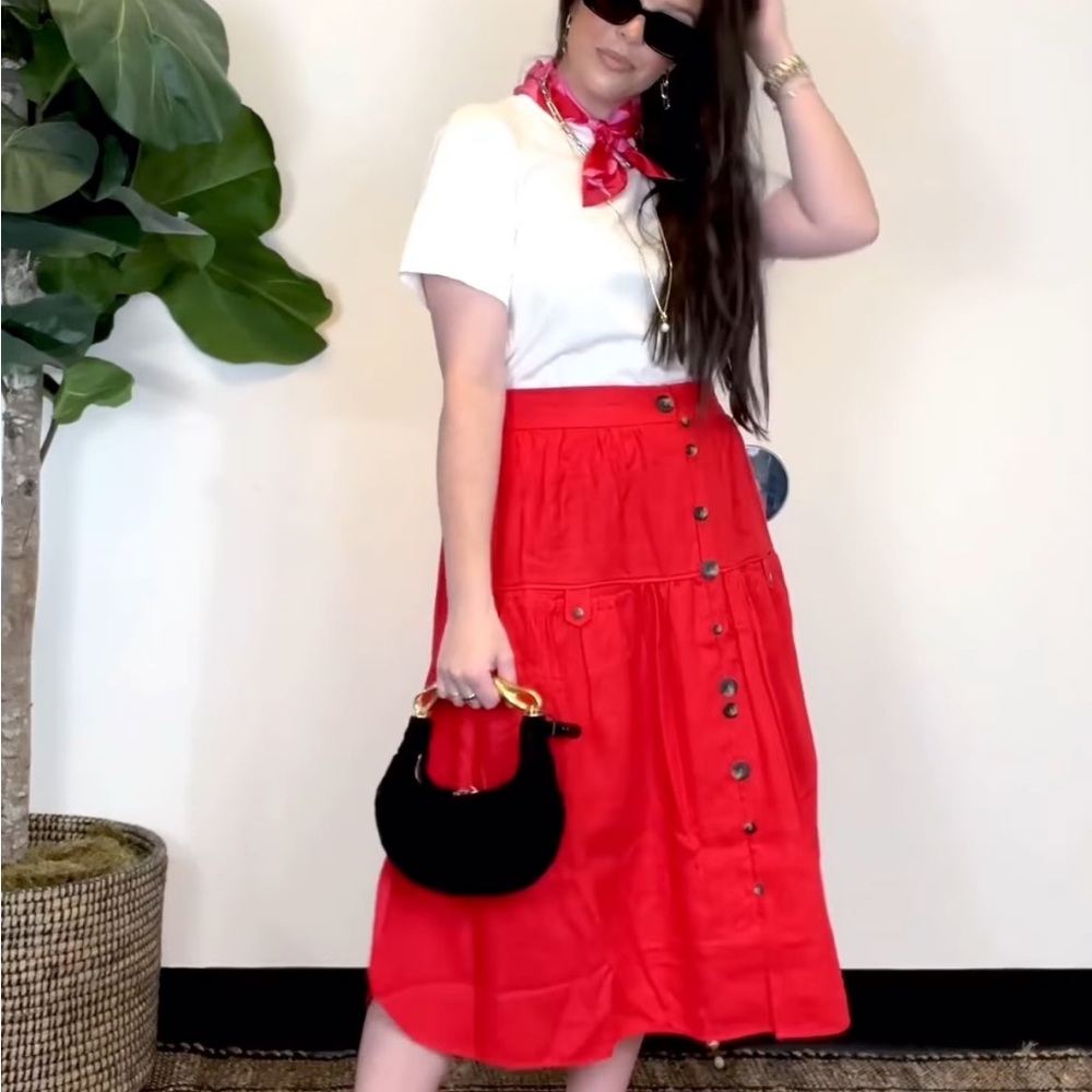 FARM Rio Mixed Buttons Linen Midi Skirt Red